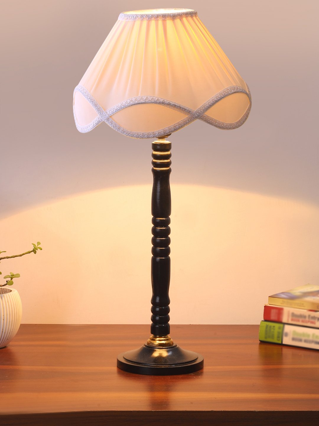 Ambika Home Luxury Black Wood Table Lamp with off-white Cotton Shade | Decorative Bedside Lamp for Bedroom, Living Room, Hotel & Office | E27 Holder | BH16 - Image 2