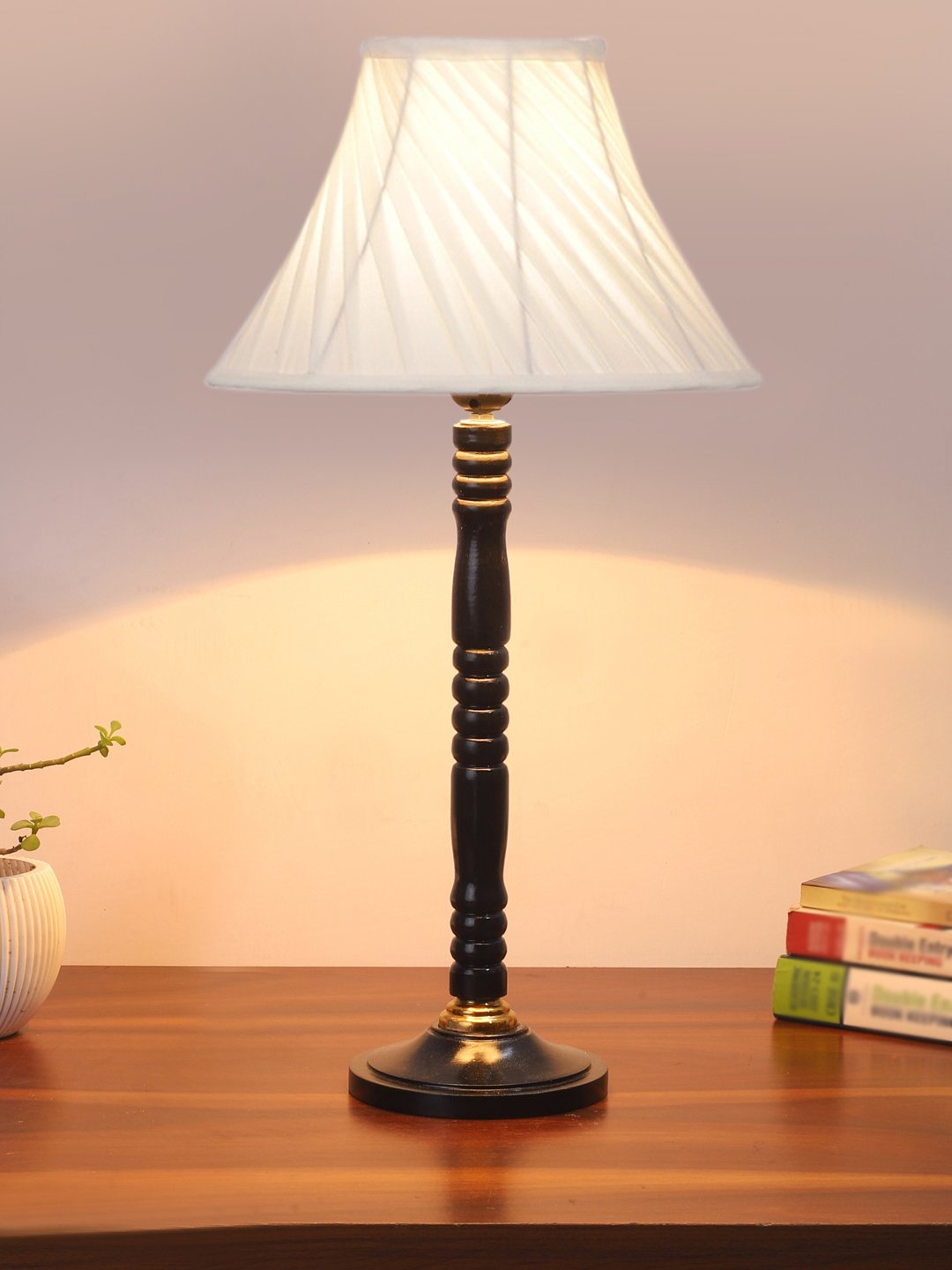 Ambika Home Modern Black Wood Table Lamp with off-white Cotton Shade | Decorative Bedside Lamp for Bedroom, Living Room, Hotel & Office | E27 Holder | BH22 - Image 2