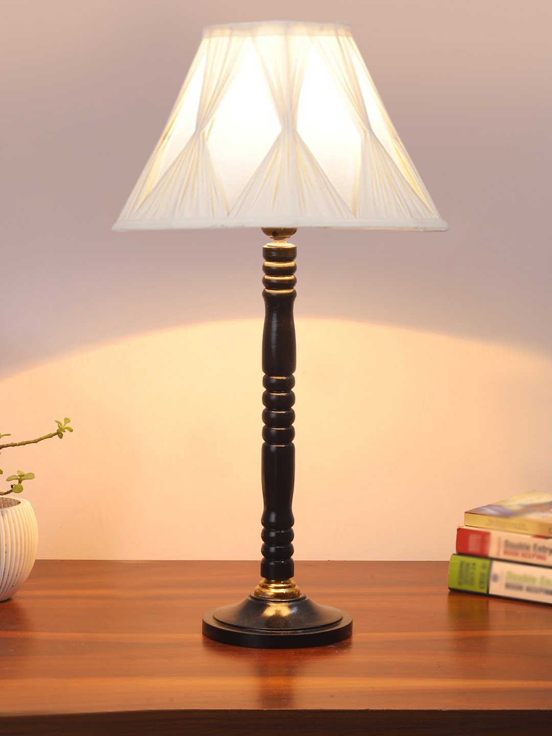 Ambika Home Minimalist Black Wood Table Lamp with off-white Jute Shade | Decorative Bedside Lamp for Bedroom, Living Room, Hotel & Office | E27 Holder | BH23 - Image 2