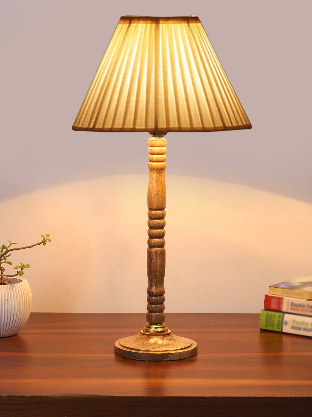 Ambika Home Designer Natural Wood Table Lamp with off-white Cotton Shade | Decorative Bedside Lamp for Bedroom, Living Room, Hotel & Office | E27 Holder | BH69 - Image 2