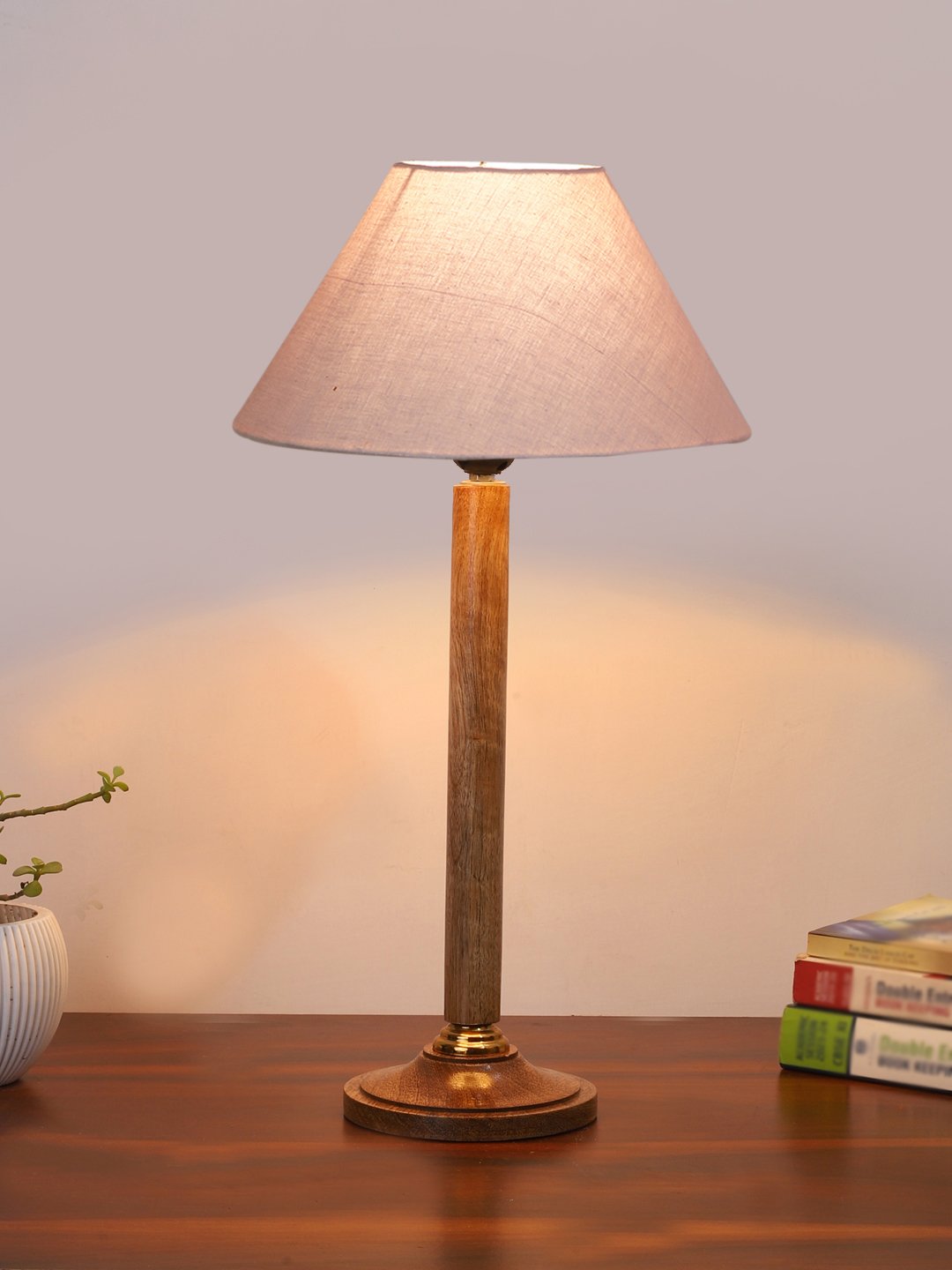 Ambika Home Classic Natural Wood Table Lamp with Grey Cotton Shade | Decorative Bedside Lamp for Bedroom, Living Room, Hotel & Office | E27 Holder | BH78 - Image 2