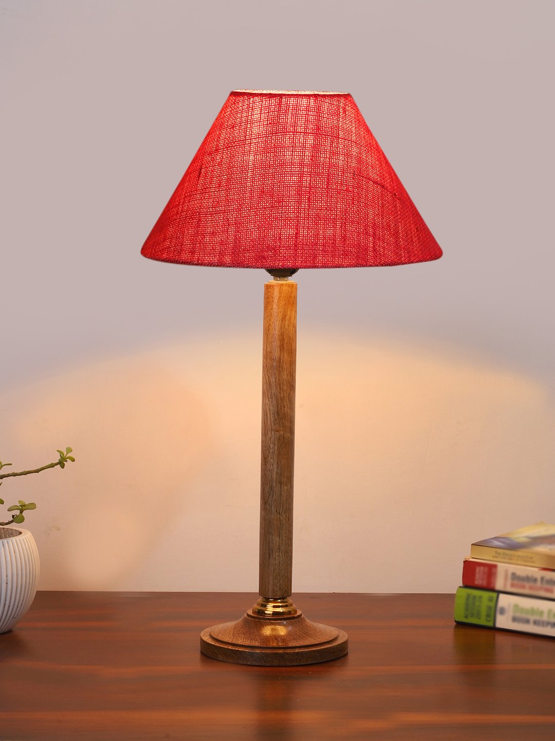 Ambika Home Industrial Natural Wood Table Lamp with Pink Jute Shade | Decorative Bedside Lamp for Bedroom, Living Room, Hotel & Office | E27 Holder | BH81 - Image 2