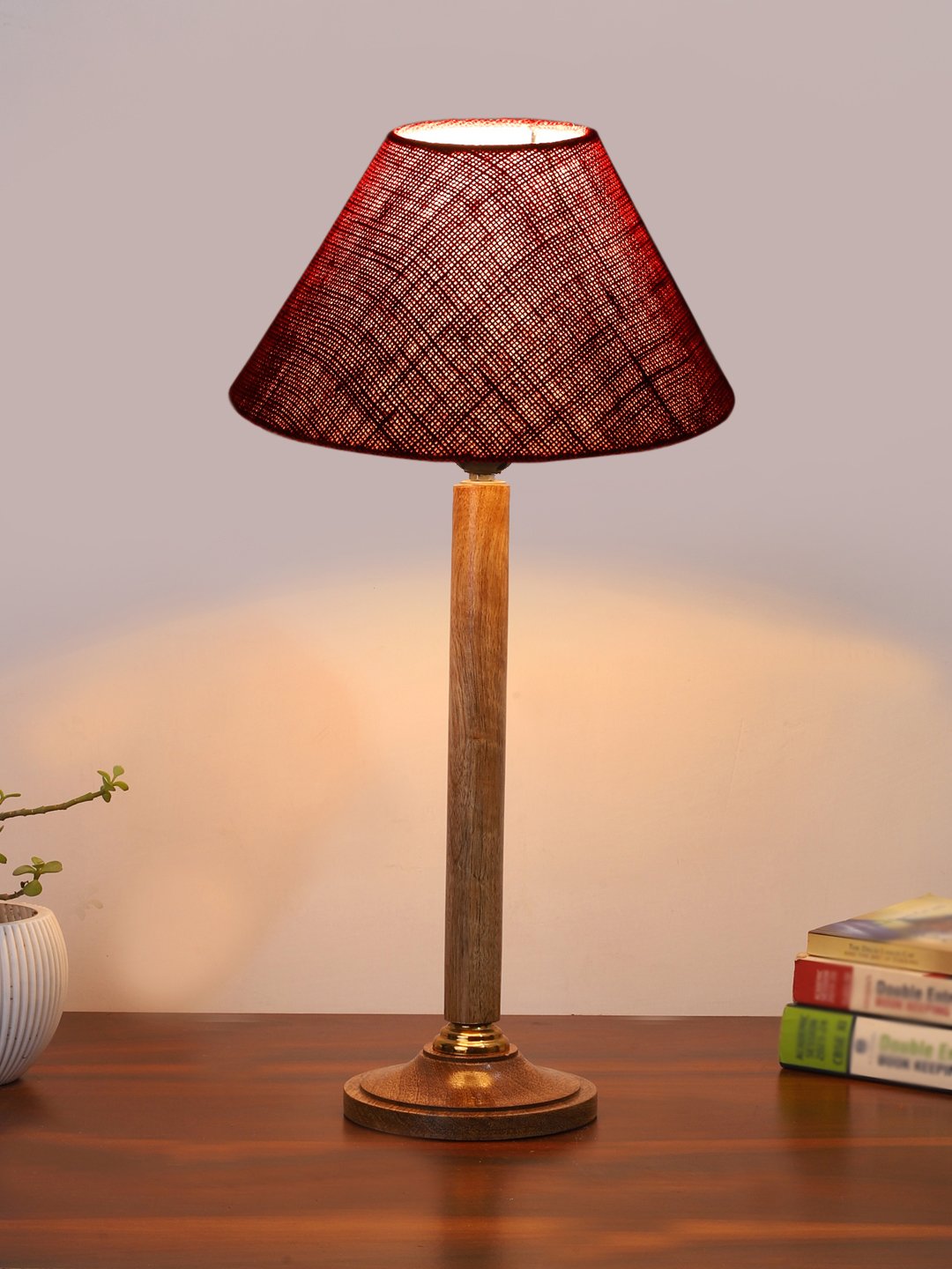 Ambika Home Modern Natural Wood Table Lamp with Maroon Jute Shade | Decorative Bedside Lamp for Bedroom, Living Room, Hotel & Office | E27 Holder | BH82 - Image 2