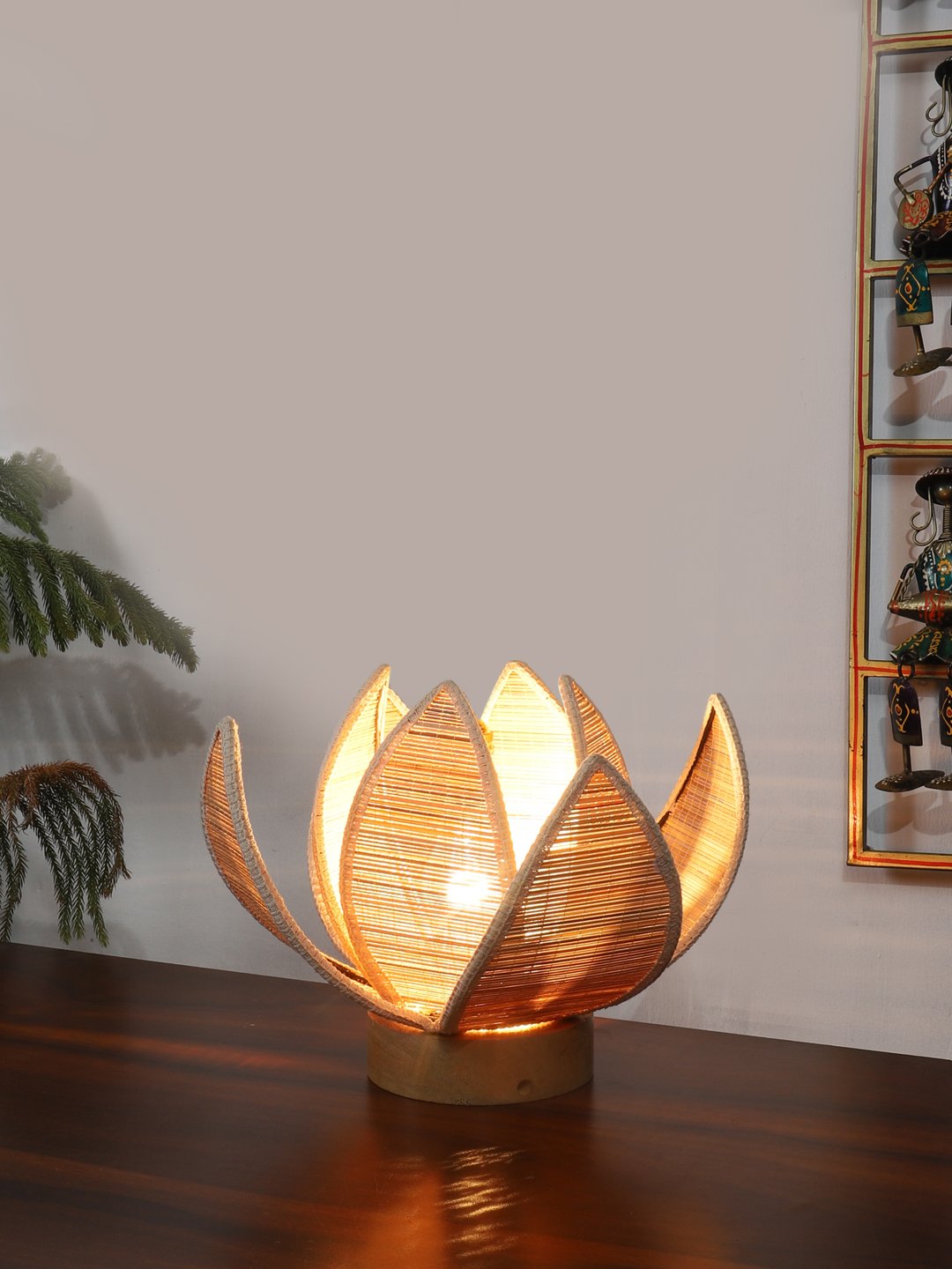 Ambika Home Premium Handmade Beige Bamboo Kamal Table Lamp with Round & Natural Wooden Base | Boho Bedside Lamp for Bedroom, Living Room, Hotel, Café & Office | E27 Holder - Image 2