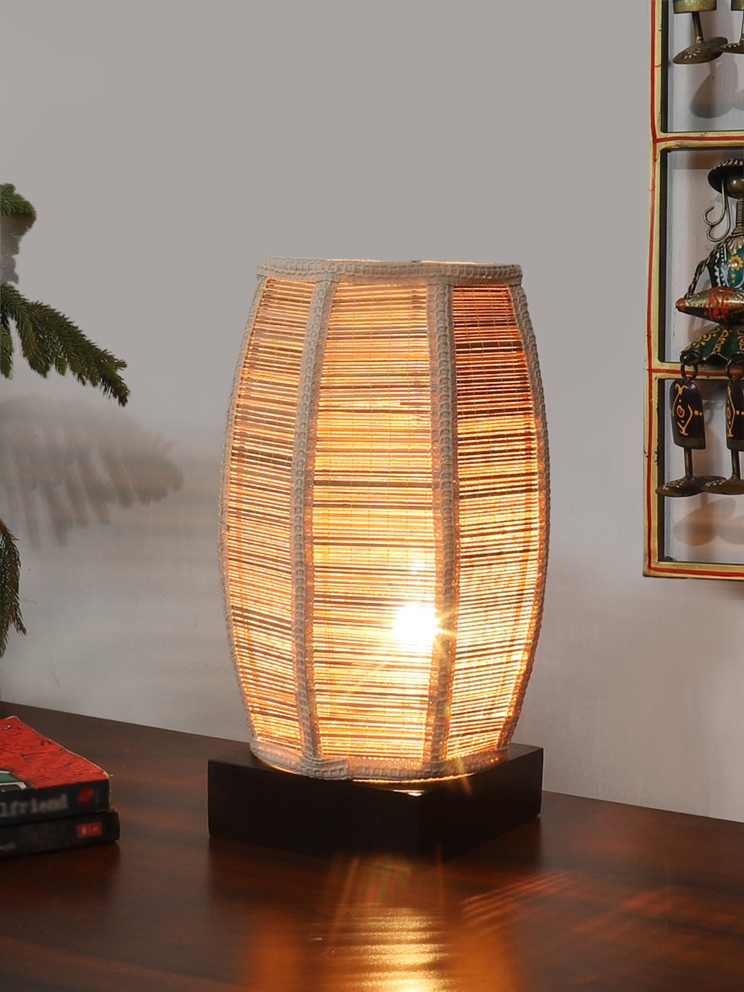 Ambika Home Premium Handmade Beige Bamboo Dholak Table Lamp with Square & Black Wooden Base | Boho Bedside Lamp for Bedroom, Living Room, Hotel, Café & Office | E27 Holder - Image 2