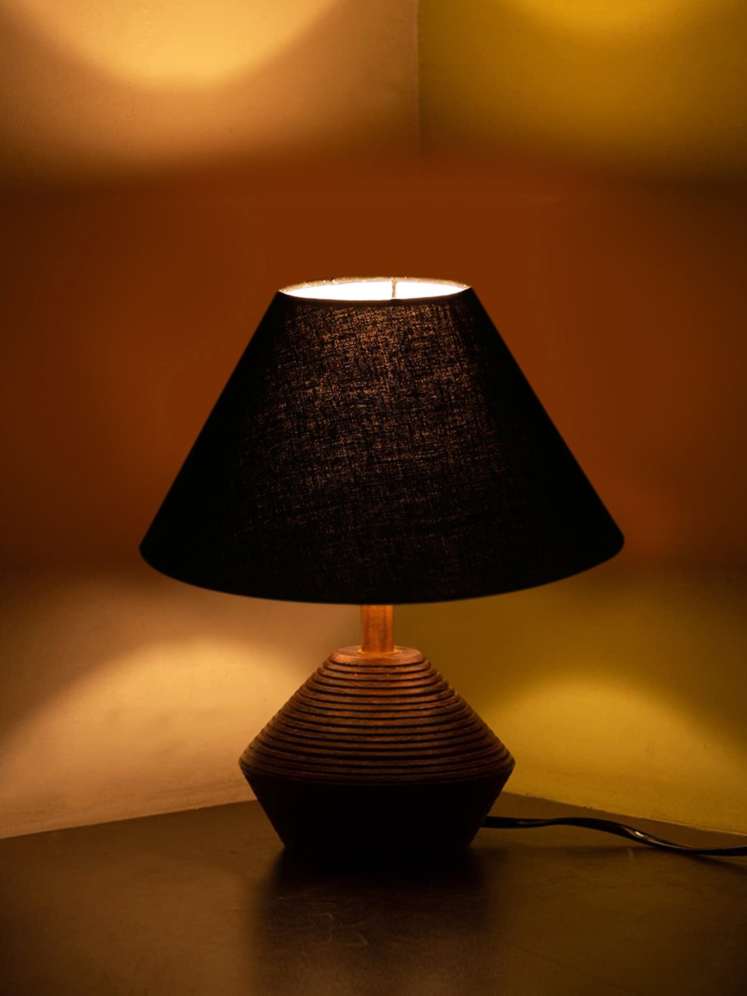 Ambika Home Wood Table Lamp with Black cotton Shade | Decorative Bedside Lamp for Bedroom, Living Room, Dining Room, Study Room, Office, Hotel, Café & Restaurant | Modern Home Décor | E27 Holder - Image 2