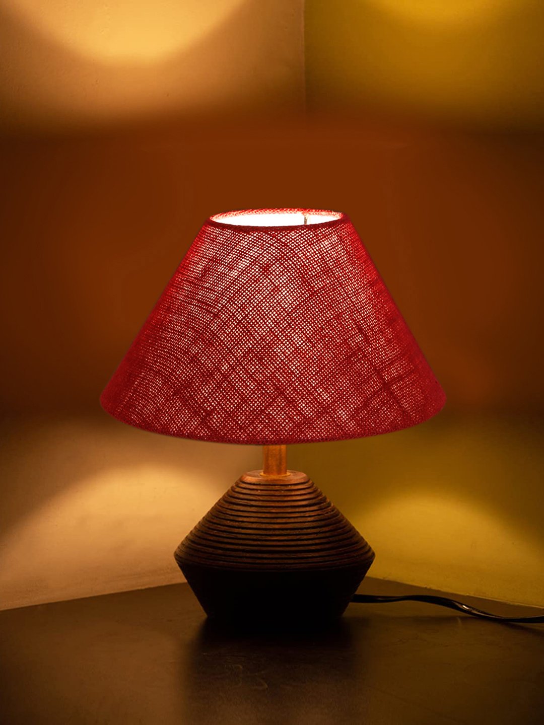 Ambika Home Wood Table Lamp with Maroon Jute Shade | Decorative Bedside Lamp for Bedroom, Living Room, Dining Room, Study Room, Office, Hotel, Café & Restaurant | Modern Home Décor | E27 Holder - Image 2