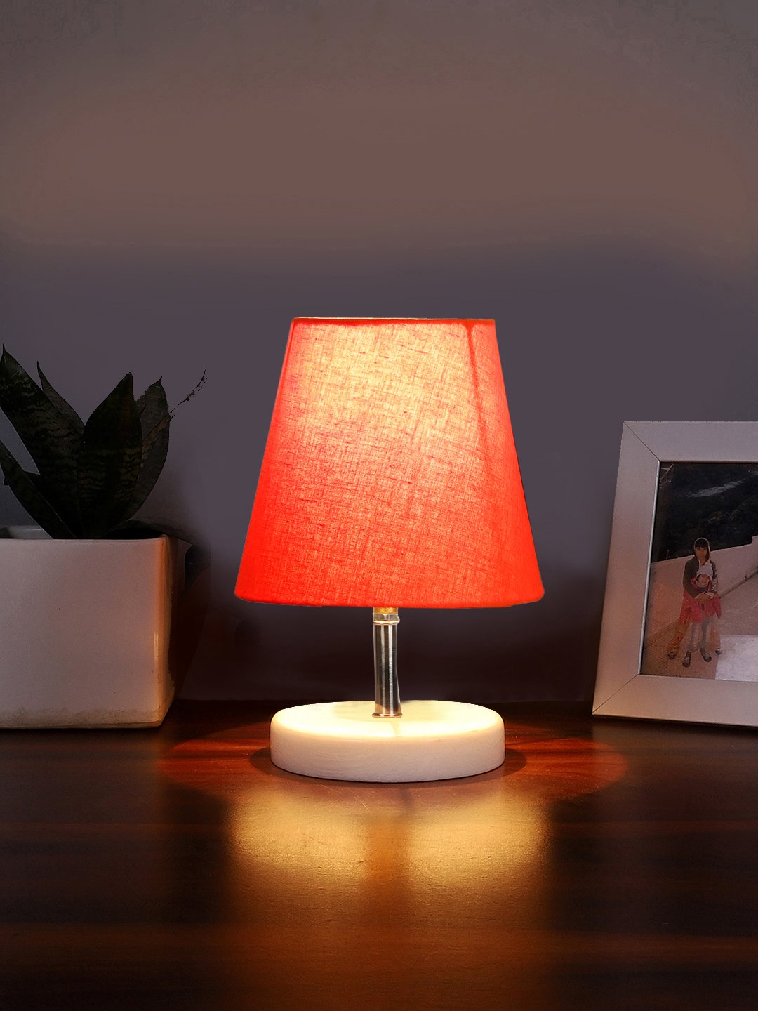 Ambika Home Orange Cotton Shade Wooden Table Lamp | Modern Bedside Lamp for Bedroom, Living Room, Hotel, Café & Home Décor - Image 2