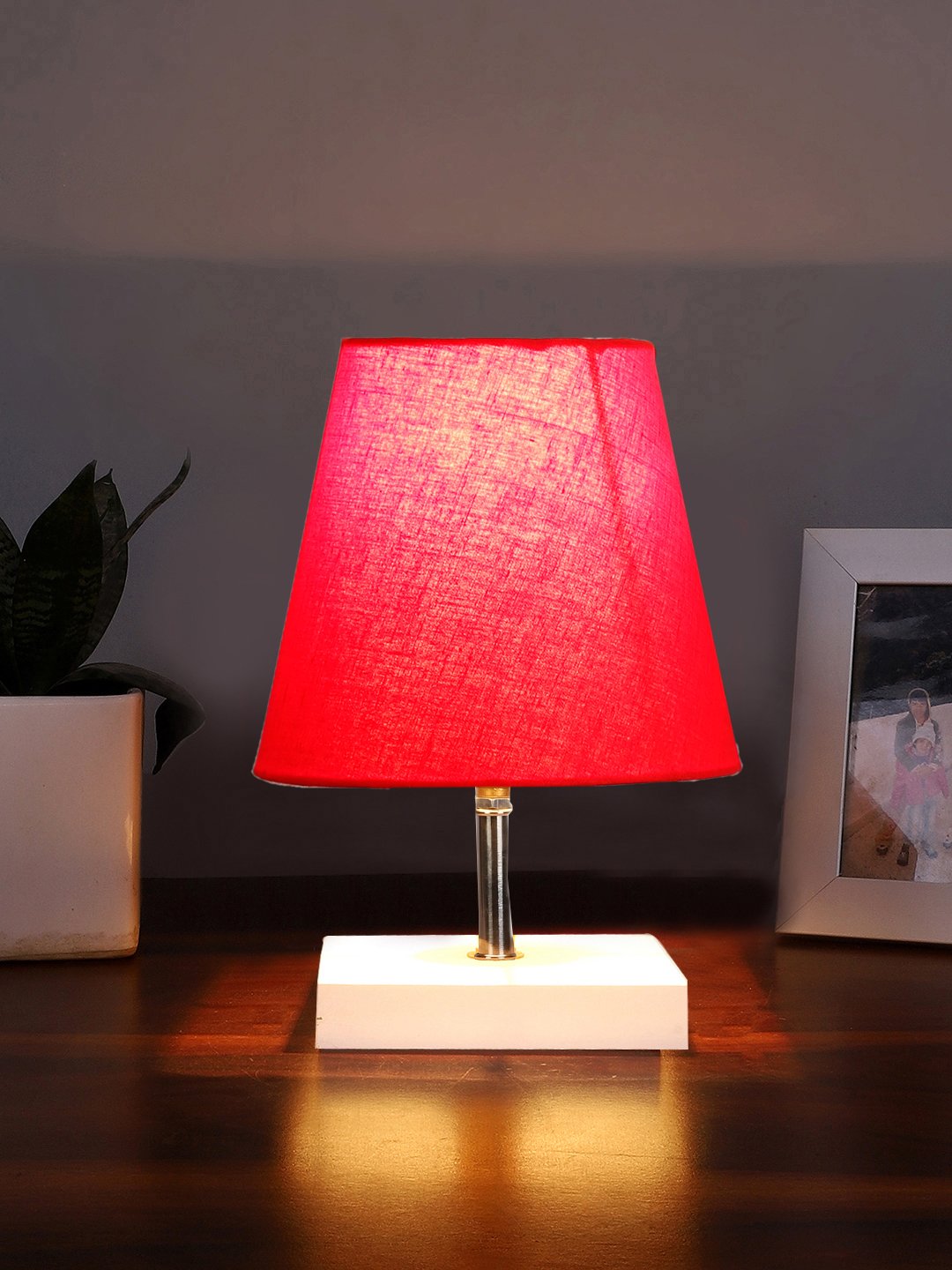 Ambika Home Red Cotton Shade Wooden Table Lamp | Modern Bedside Lamp for Bedroom, Living Room, Hotel, Café & Home Décor - Image 3