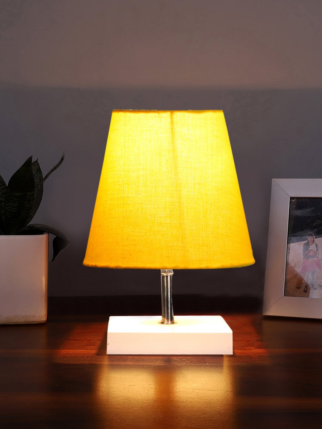 Ambika Home Yellow Cotton Shade Wooden Table Lamp | Modern Bedside Lamp for Bedroom, Living Room, Hotel, Café & Home Décor - Image 3