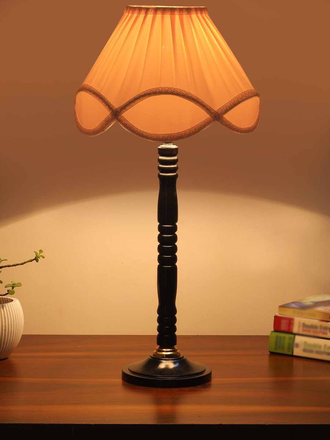 Ambika Home Luxury Black Wood Table Lamp with off-white Cotton Shade | Decorative Bedside Lamp for Bedroom, Living Room, Hotel & Office | E27 Holder | BH16 - Image 3