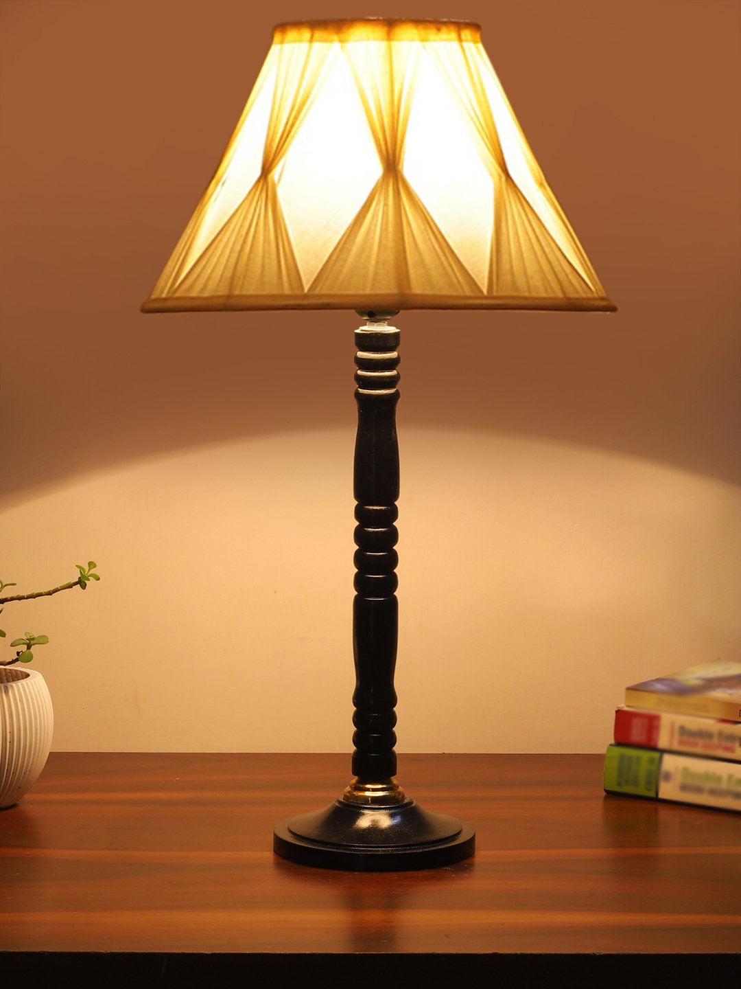 Ambika Home Minimalist Black Wood Table Lamp with off-white Jute Shade | Decorative Bedside Lamp for Bedroom, Living Room, Hotel & Office | E27 Holder | BH23 - Image 3
