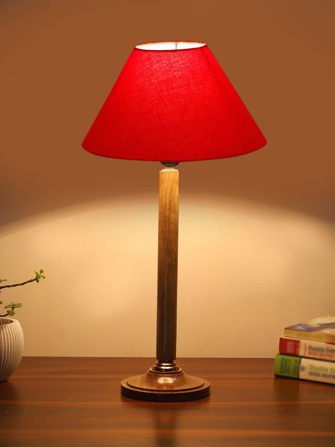 Ambika Home Rustic Natural Wood Table Lamp with Red Cotton Shade | Decorative Bedside Lamp for Bedroom, Living Room, Hotel & Office | E27 Holder | BH75 - Image 3