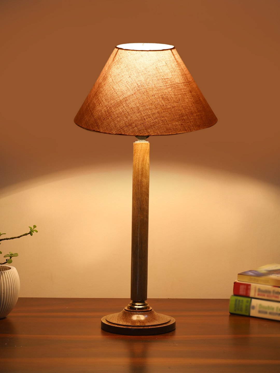 Ambika Home Classic Natural Wood Table Lamp with Grey Cotton Shade | Decorative Bedside Lamp for Bedroom, Living Room, Hotel & Office | E27 Holder | BH78 - Image 3