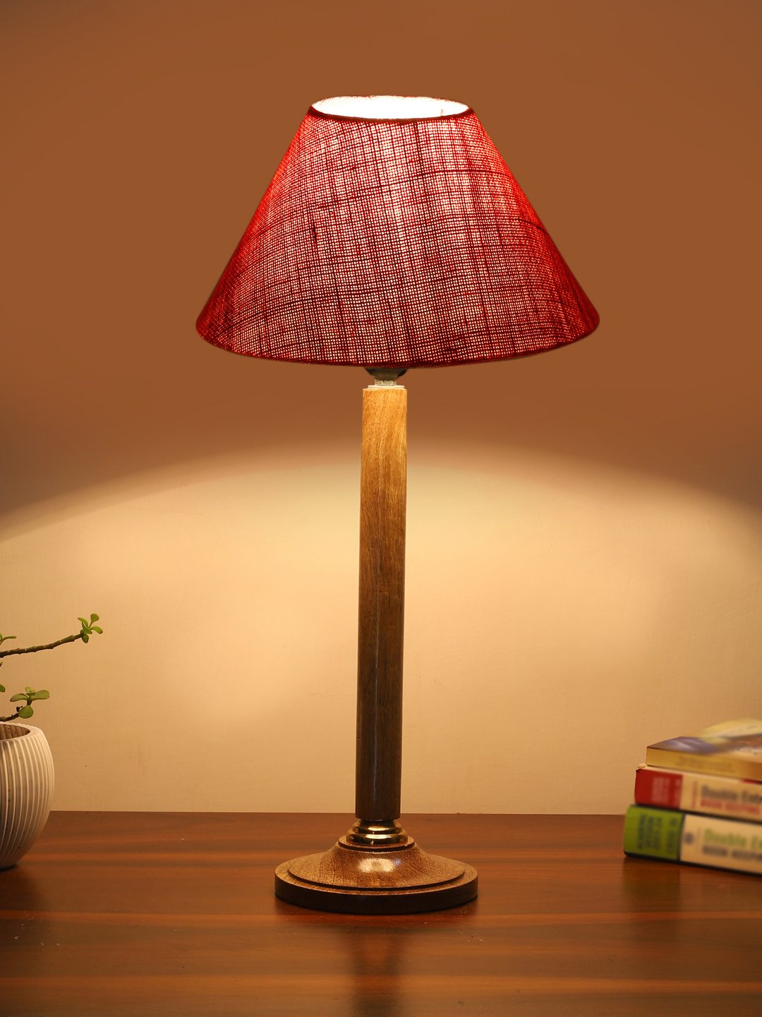 Ambika Home Industrial Natural Wood Table Lamp with Pink Jute Shade | Decorative Bedside Lamp for Bedroom, Living Room, Hotel & Office | E27 Holder | BH81 - Image 3
