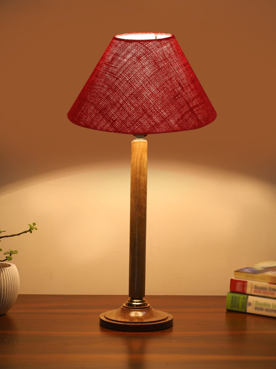 Ambika Home Modern Natural Wood Table Lamp with Maroon Jute Shade | Decorative Bedside Lamp for Bedroom, Living Room, Hotel & Office | E27 Holder | BH82 - Image 3
