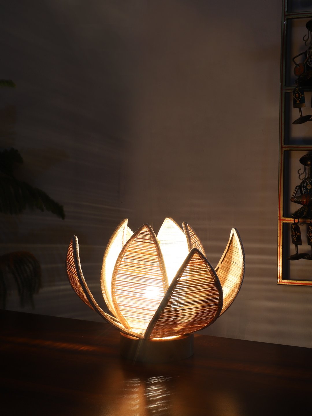 Ambika Home Premium Handmade Beige Bamboo Kamal Table Lamp with Round & Natural Wooden Base | Boho Bedside Lamp for Bedroom, Living Room, Hotel, Café & Office | E27 Holder - Image 3