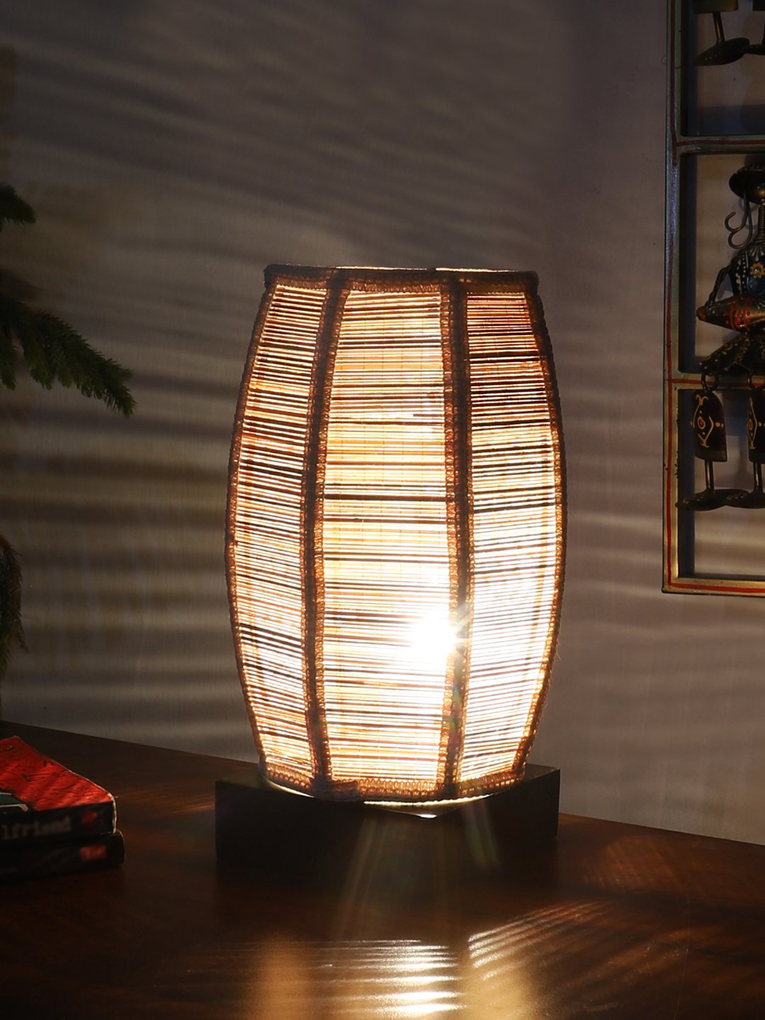 Ambika Home Premium Handmade Beige Bamboo Dholak Table Lamp with Square & Black Wooden Base | Boho Bedside Lamp for Bedroom, Living Room, Hotel, Café & Office | E27 Holder - Image 3