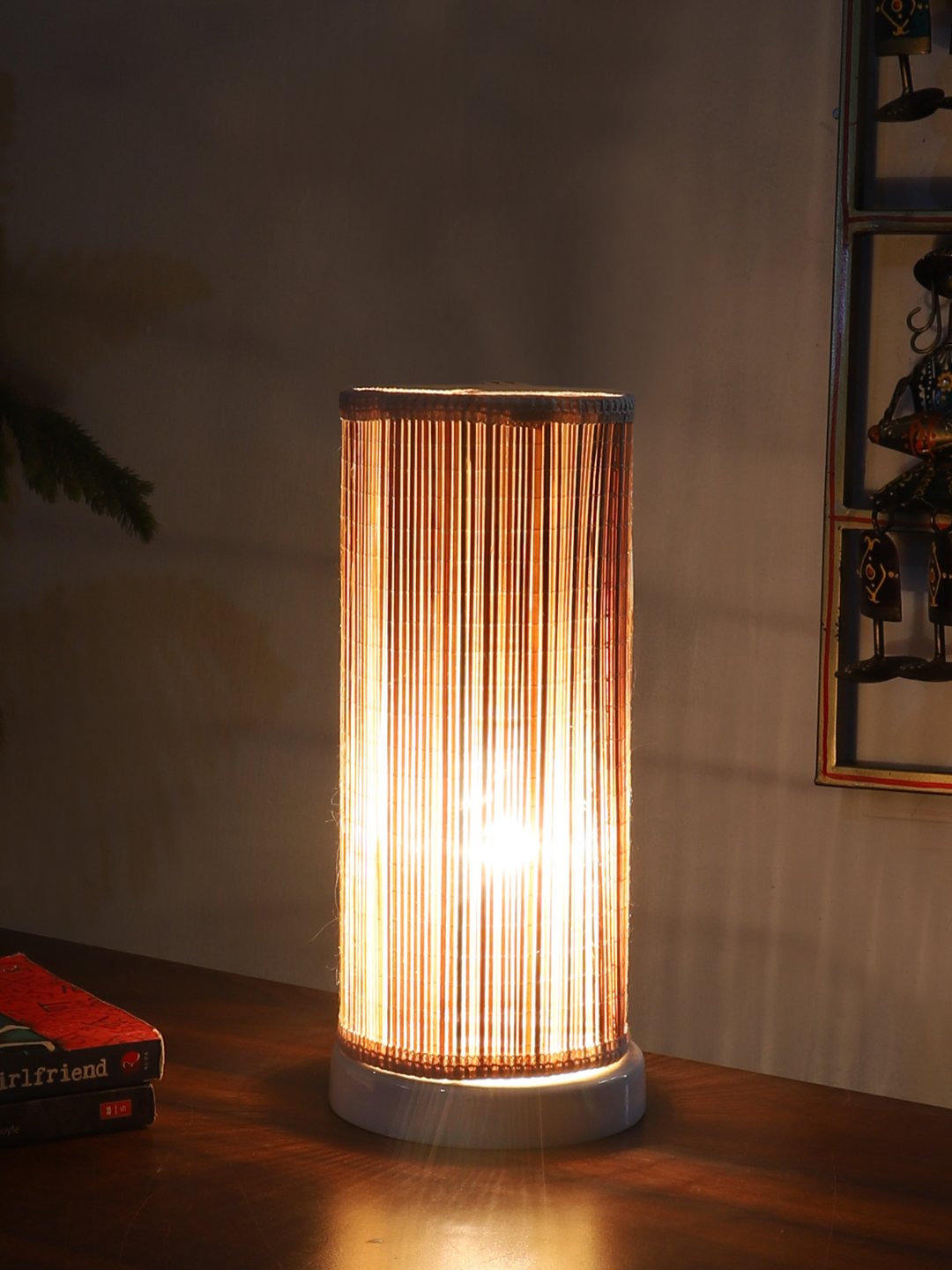 Ambika Home Premium Handmade Beige Bamboo Round Table Lamp with Round & White Wooden Base | Boho Bedside Lamp for Bedroom, Living Room, Hotel, Café & Office | E27 Holder - Image 3