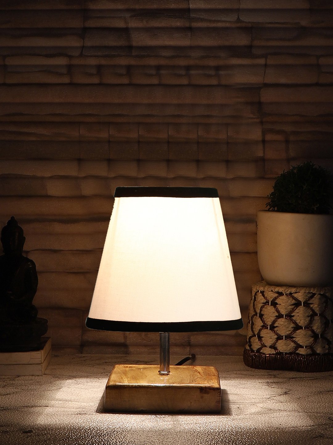 Ambika Home White Cotton Shade Wooden Table Lamp | Modern Bedside Lamp for Bedroom, Living Room, Hotel, Café & Home Décor