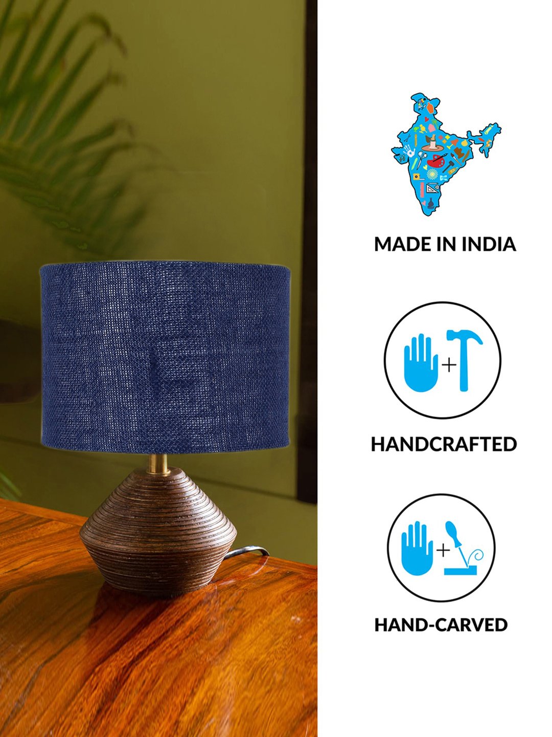 Ambika Home Wood Table Lamp with Blue Jute Shade | Decorative Bedside Lamp for Bedroom, Living Room, Dining Room, Study Room, Office, Hotel, Café & Restaurant | Modern Home Décor | E27 Holder - Image 4