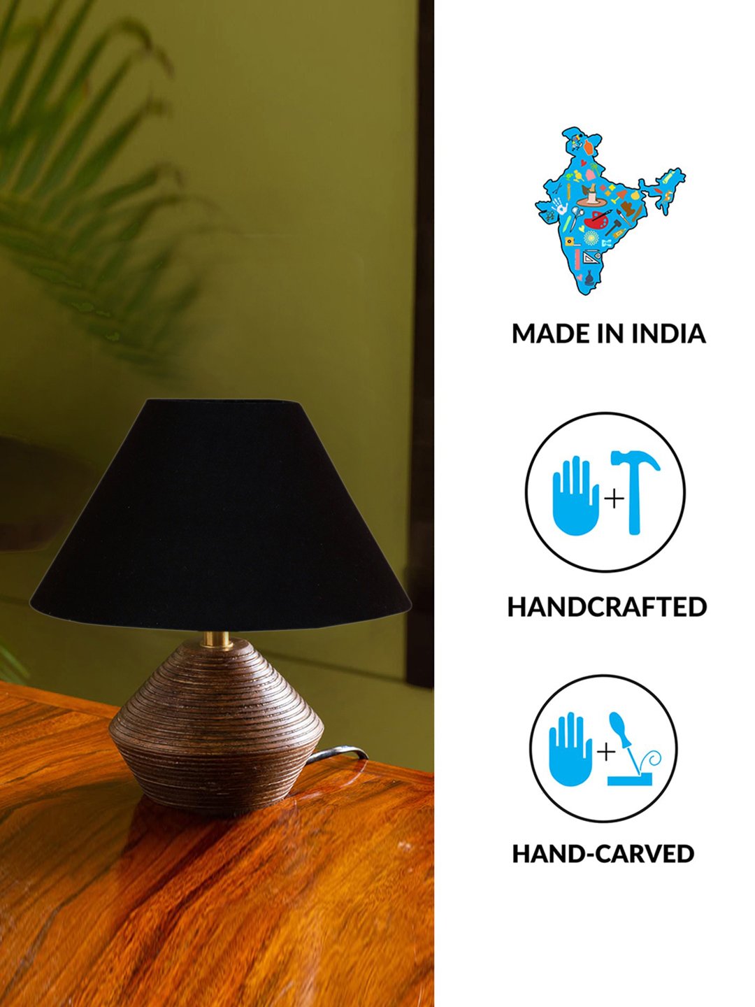 Ambika Home Wood Table Lamp with Black cotton Shade | Decorative Bedside Lamp for Bedroom, Living Room, Dining Room, Study Room, Office, Hotel, Café & Restaurant | Modern Home Décor | E27 Holder - Image 4