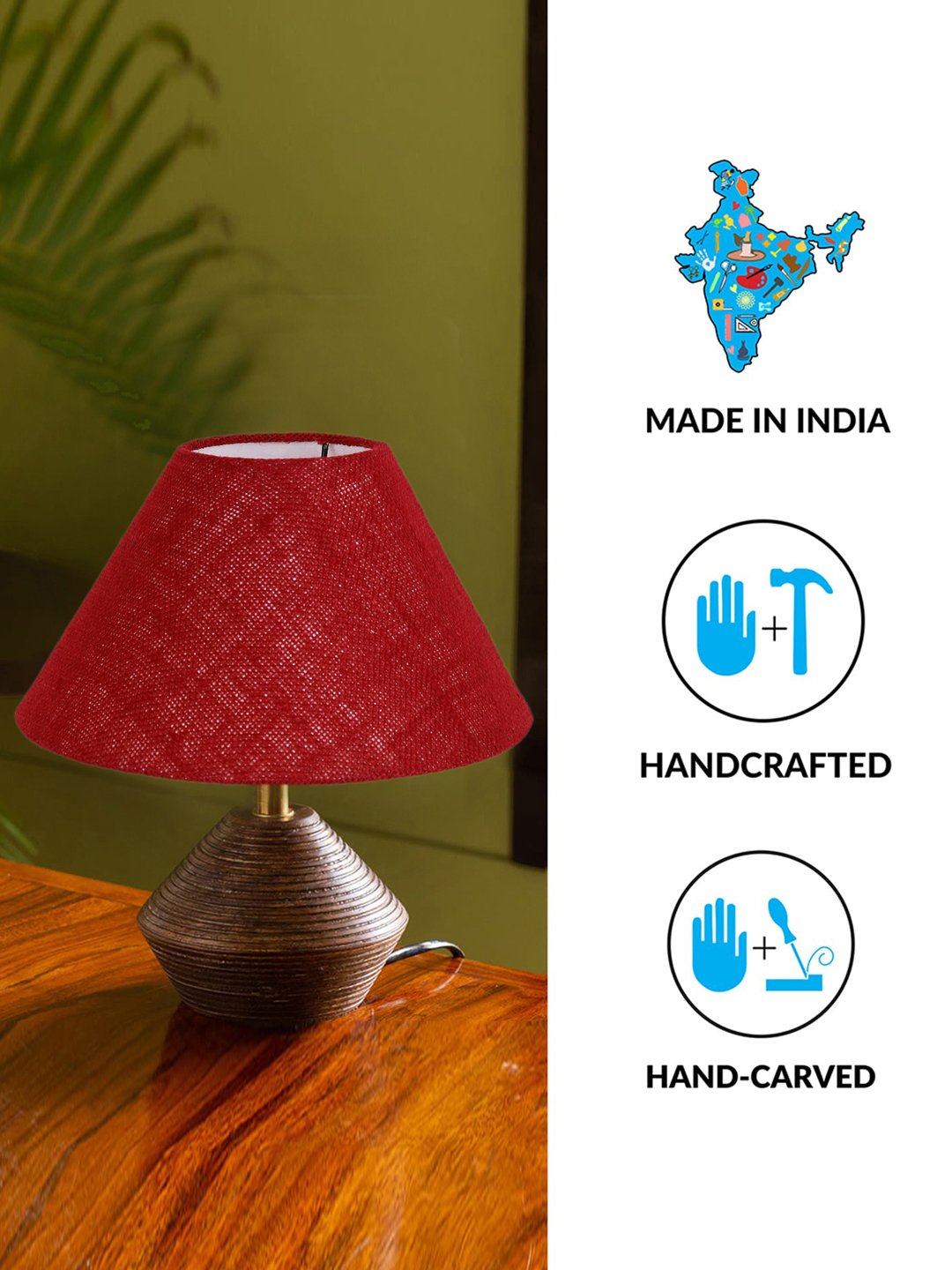Ambika Home Wood Table Lamp with Maroon Jute Shade | Decorative Bedside Lamp for Bedroom, Living Room, Dining Room, Study Room, Office, Hotel, Café & Restaurant | Modern Home Décor | E27 Holder - Image 4