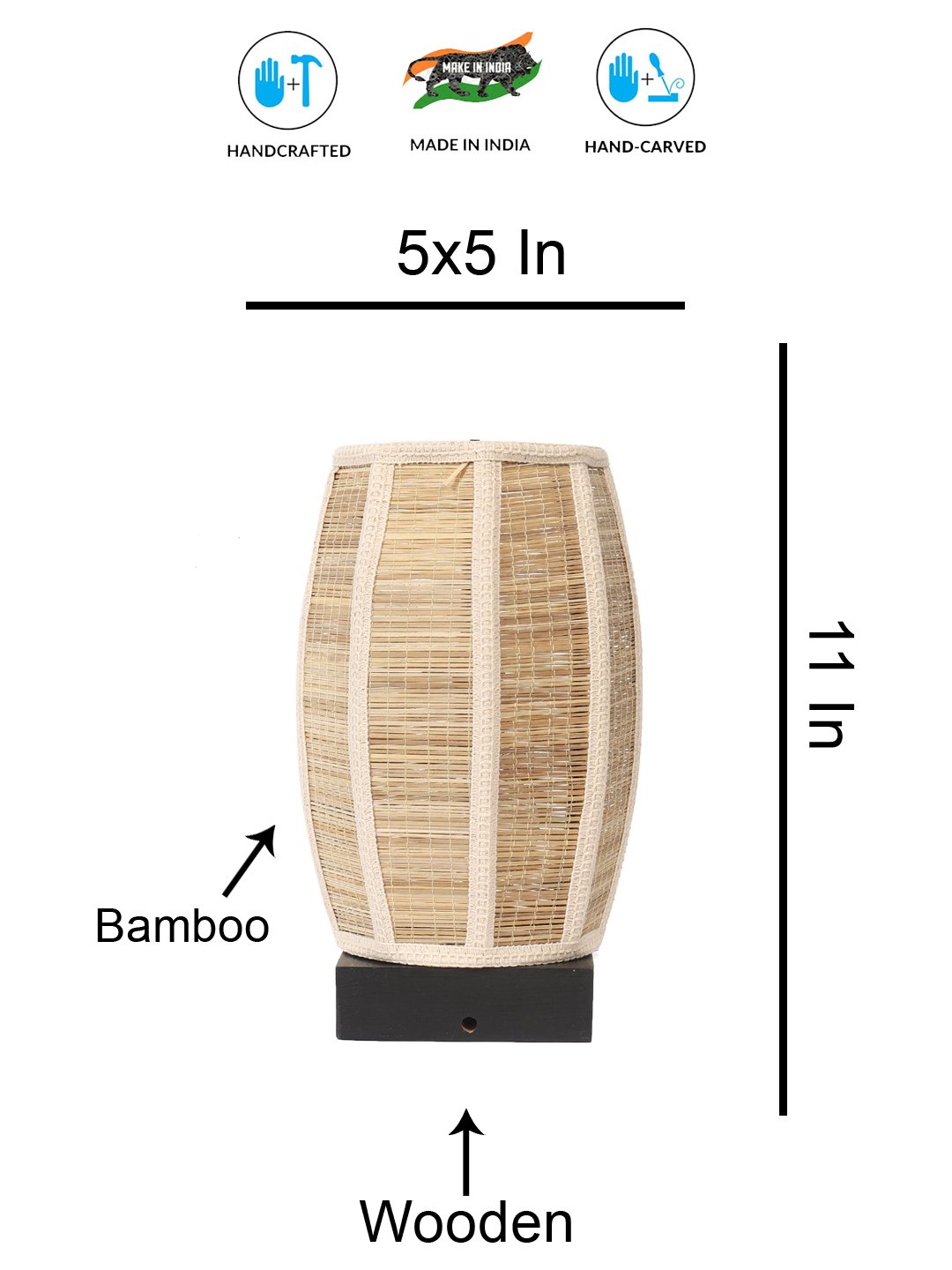 Ambika Home Premium Handmade Beige Bamboo Dholak Table Lamp with Square & Black Wooden Base | Boho Bedside Lamp for Bedroom, Living Room, Hotel, Café & Office | E27 Holder - Image 5