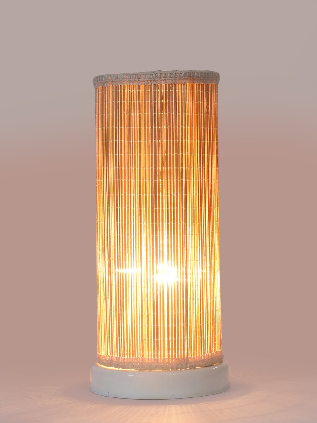 Ambika Home Premium Handmade Beige Bamboo Round Table Lamp with Round & White Wooden Base | Boho Bedside Lamp for Bedroom, Living Room, Hotel, Café & Office | E27 Holder - Image 6