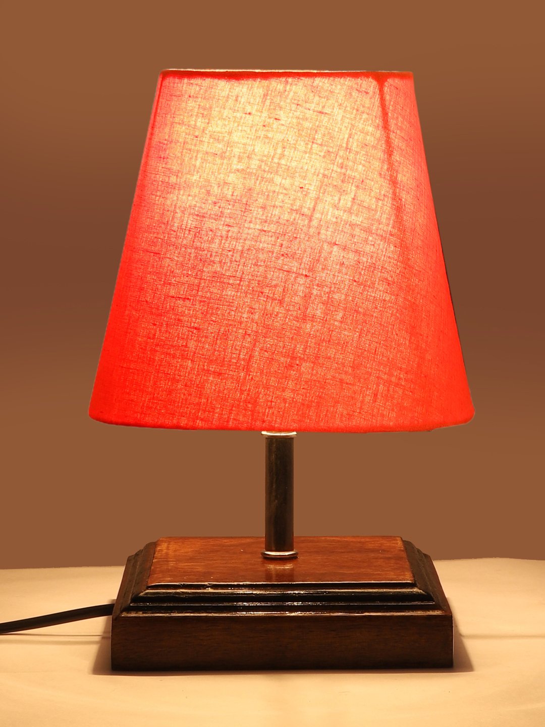 Ambika Home Orange Cotton Shade Wooden Table Lamp | Modern Bedside Lamp for Bedroom, Living Room, Hotel, Café & Home Décor