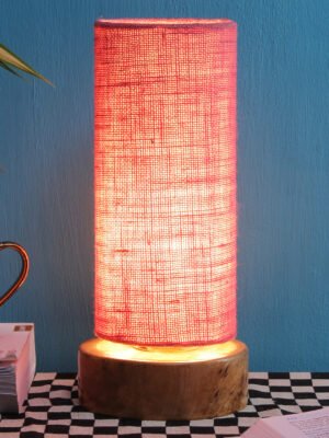 Ambika Home Wood Wood Table Lamps with Pink Jute Shade | Round Shade & Round Base | Bedside Lamp for Bedroom, Living Room, Study, Office, Hotel, CafÃ© & Restaurant | Modern Home Decor | E27 Holder