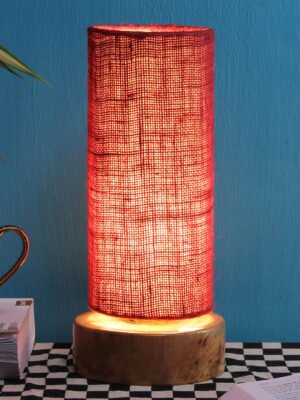 Ambika Home Wood Wood Table Lamps with Maroon Jute Shade | Round Shade & Round Base | Bedside Lamp for Bedroom, Living Room, Study, Office, Hotel, CafÃ© & Restaurant | Modern Home Decor | E27 Holder