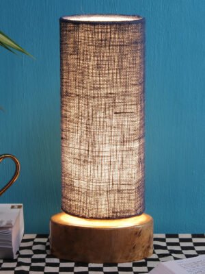 Ambika Home Wood Wood Table Lamps with Blue Jute Shade | Round Shade & Round Base | Bedside Lamp for Bedroom, Living Room, Study, Office, Hotel, CafÃ© & Restaurant | Modern Home Decor | E27 Holder