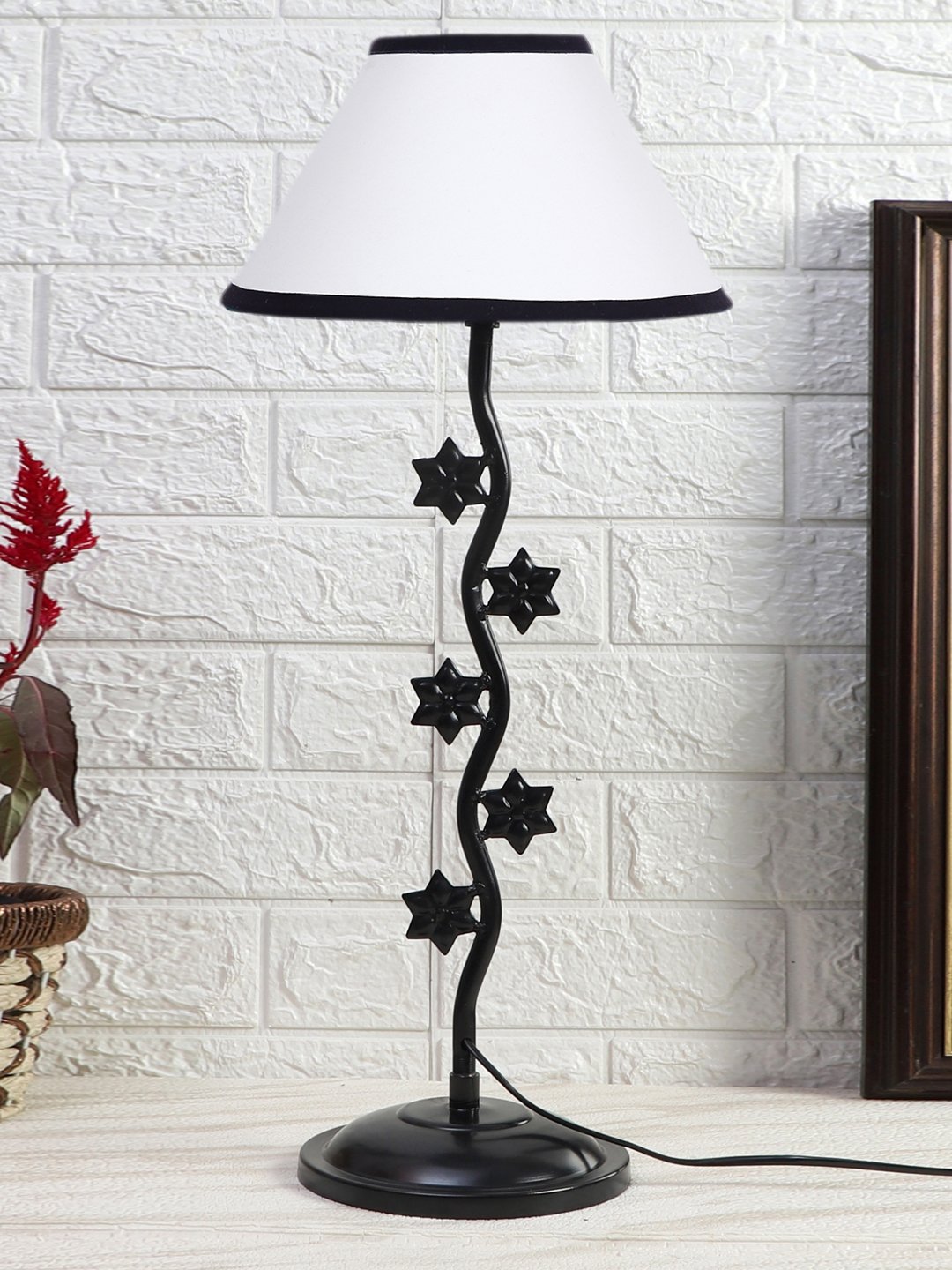 Ambika Home Luxury White Iron Table Lamp with Designer Shade for Cafe | Premium Home Decor Bedside Lamp