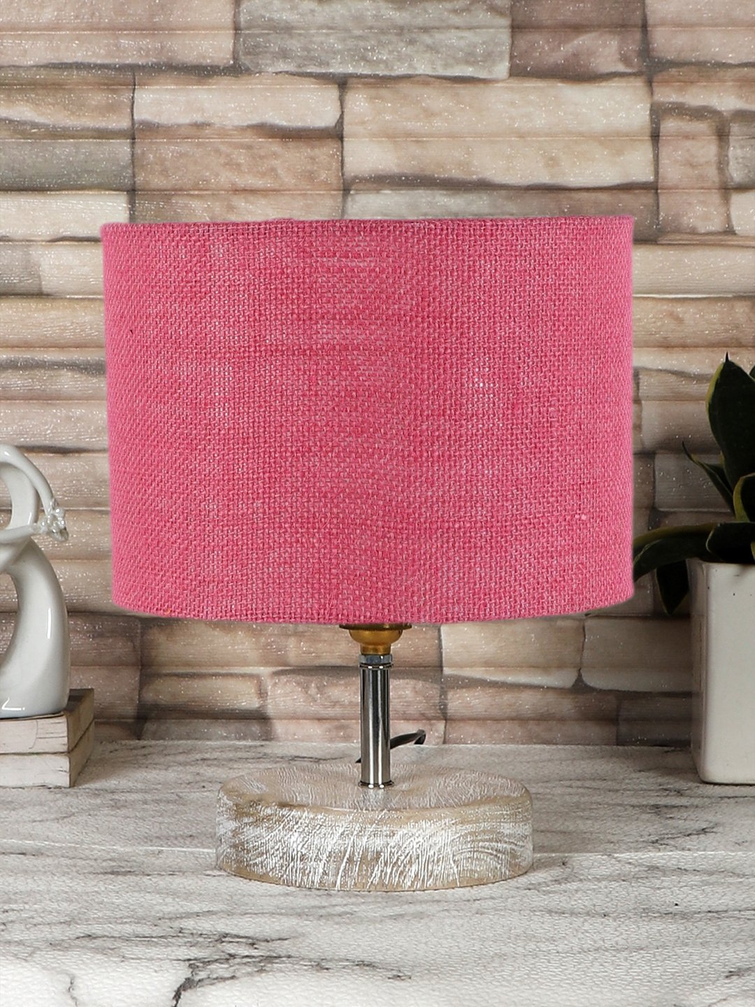 Ambika Home Pink Wood White Brushed Decorative Table Lamp | Premium Handmade Home Decor | Bedroom Living Room Bedside Hotel Café | WK29