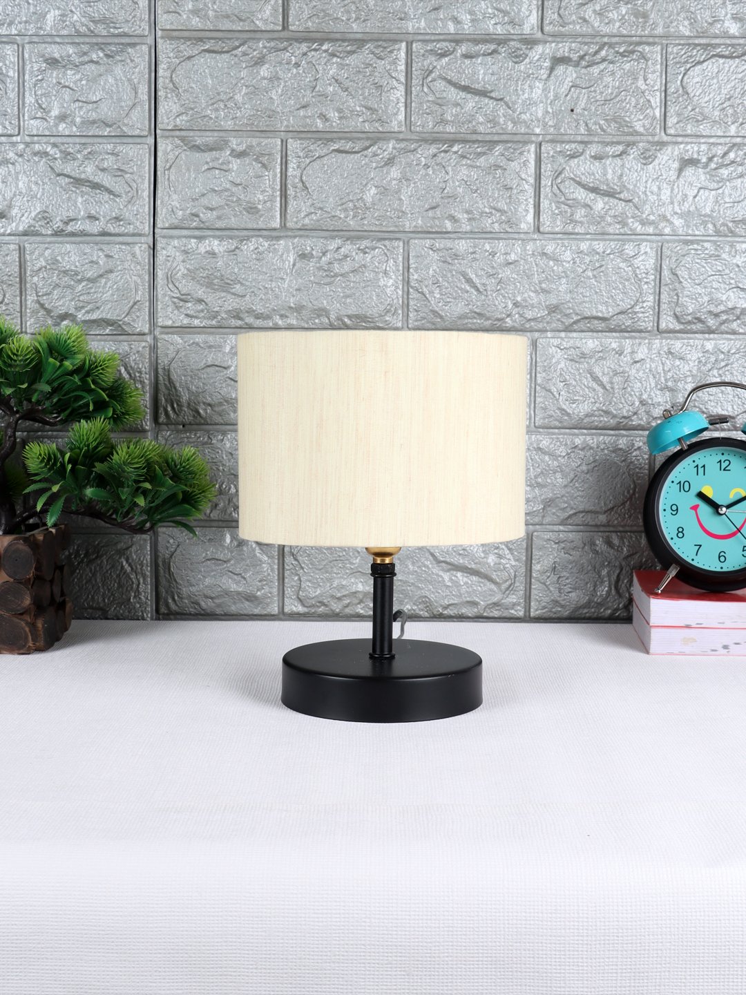 Ambika Home Off-white cotton Table Lamp with Black Wood Base | Designer Bedside Lamp for Living Room, Bedroom, Hotel, Café & Restaurant