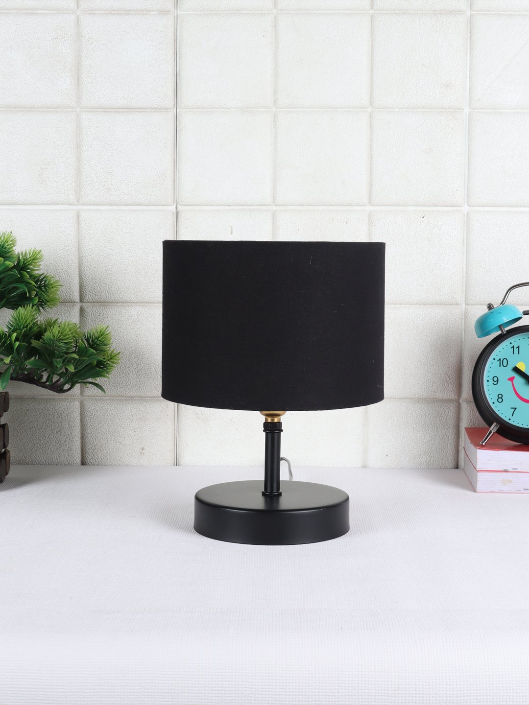 Ambika Home Black cotton Table Lamp with Black Wood Base | Designer Bedside Lamp for Living Room, Bedroom, Hotel, Café & Restaurant