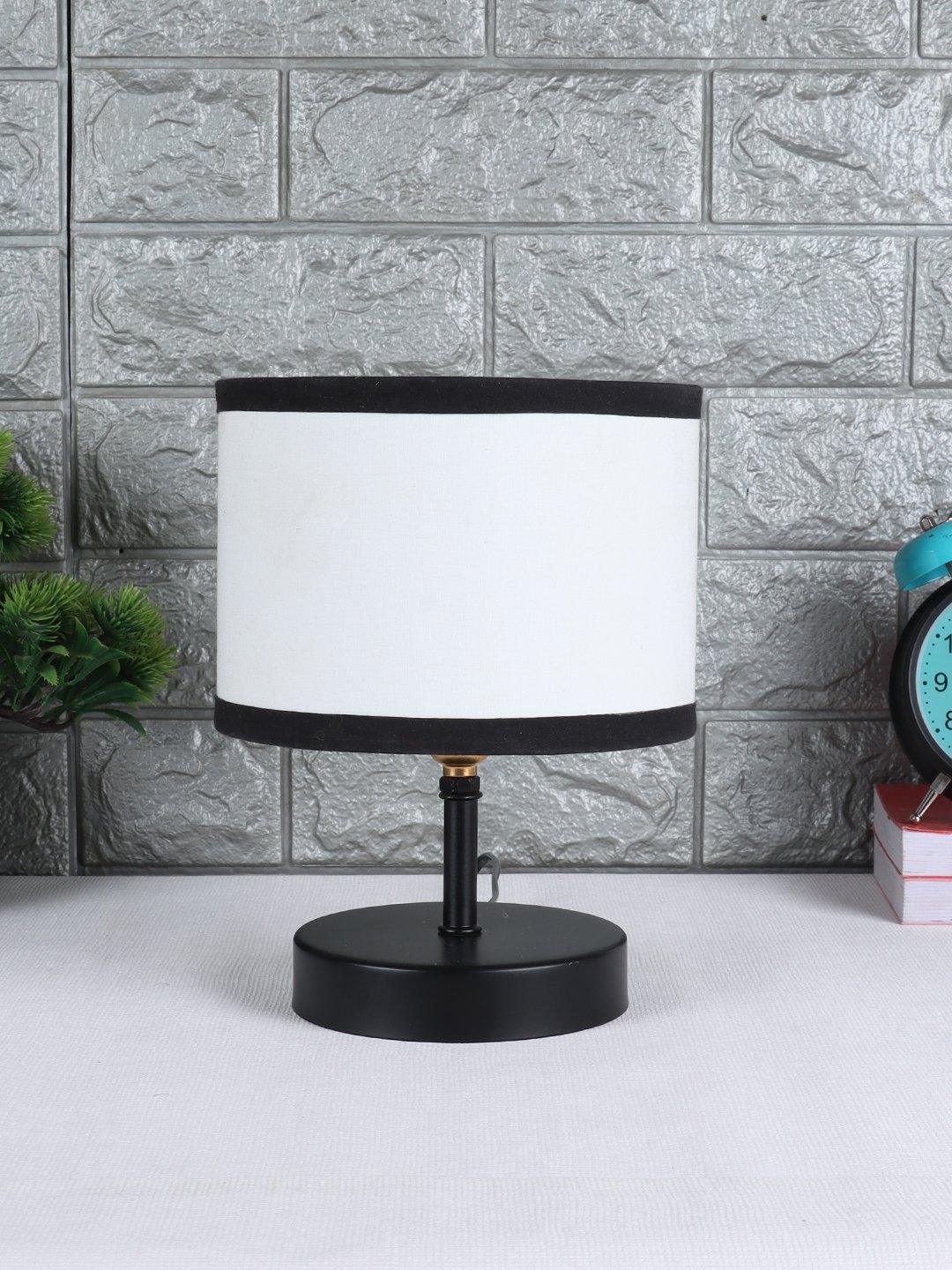 Ambika Home White cotton Table Lamp with Black Wood Base | Designer Bedside Lamp for Living Room, Bedroom, Hotel, Café & Restaurant