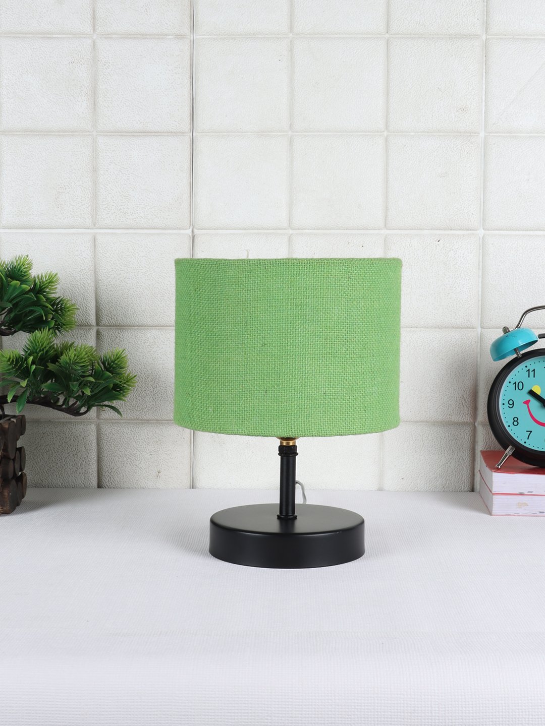 Ambika Home Green Jute Table Lamp with Black Wood Base | Designer Bedside Lamp for Living Room, Bedroom, Hotel, Café & Restaurant