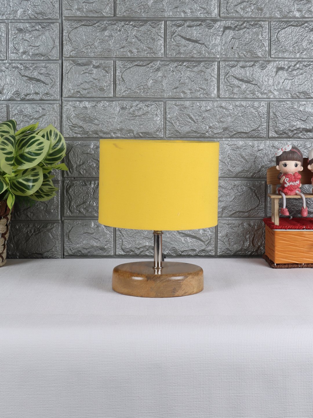 Ambika Home Yellow cotton Table Lamp with Natural Wood Base | Designer Bedside Lamp for Living Room, Bedroom, Hotel, Café & Restaurant