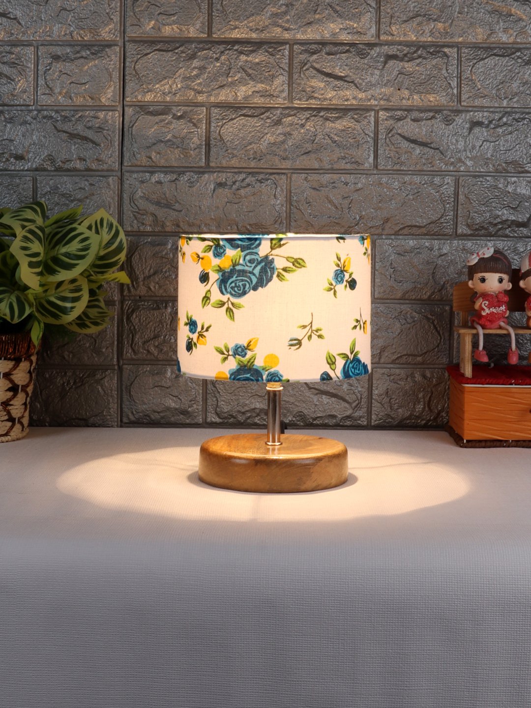 Ambika Home Multicolor cotton Table Lamp with Natural Wood Base | Designer Bedside Lamp for Living Room, Bedroom, Hotel, Café & Restaurant