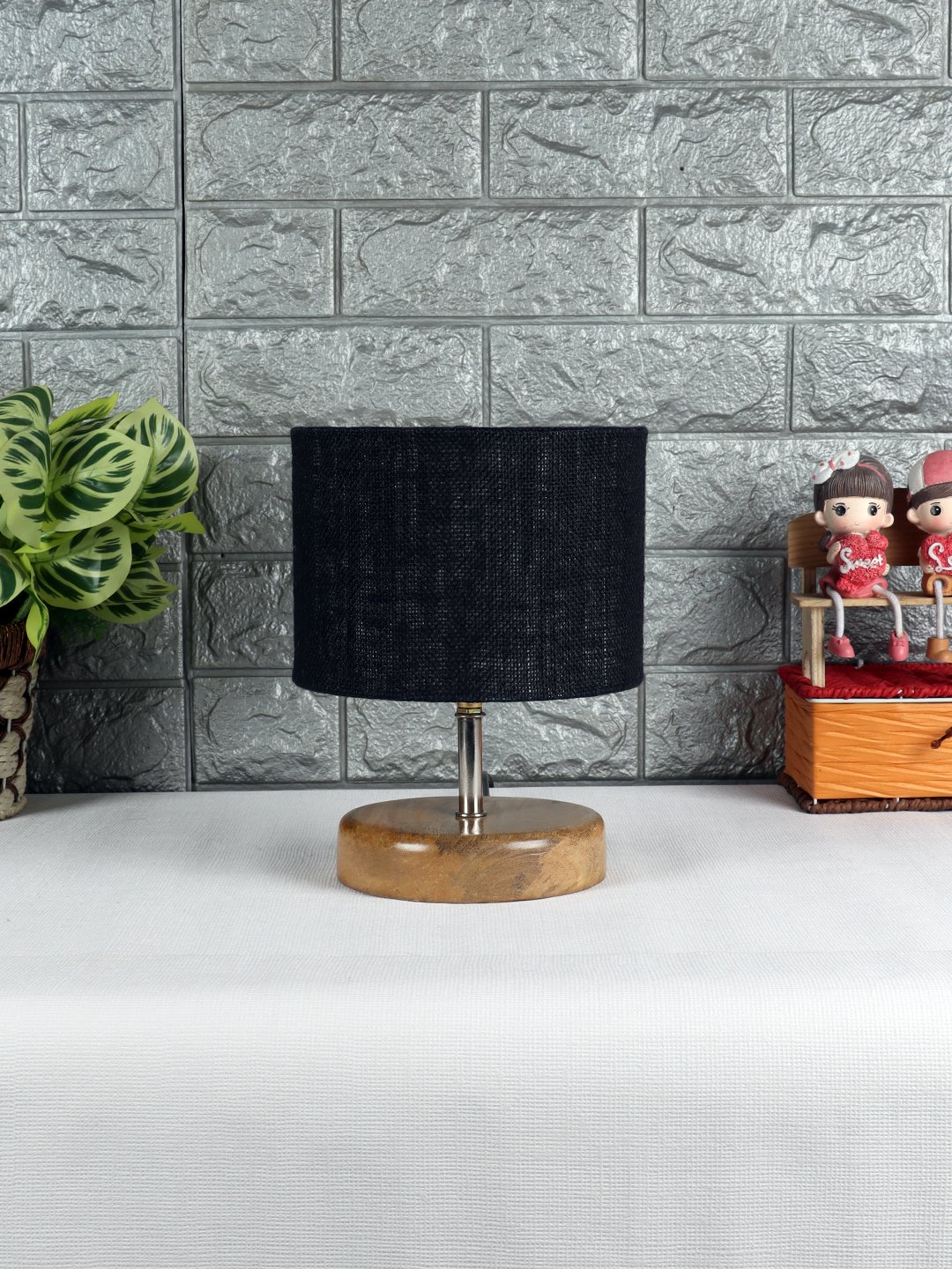 Ambika Home Black Jute Table Lamp with Natural Wood Base | Designer Bedside Lamp for Living Room, Bedroom, Hotel, Café & Restaurant