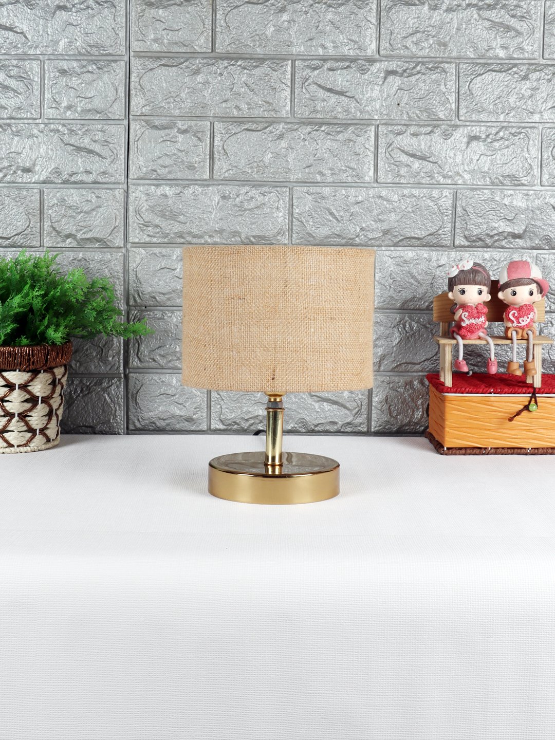 Ambika Home Beige Jute Table Lamp with Gold Metal Base | Designer Bedside Lamp for Living Room, Bedroom, Hotel, Café & Restaurant