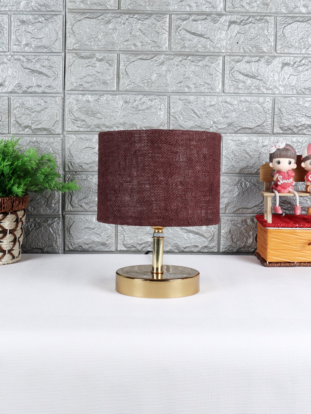 Ambika Home Brown Jute Table Lamp with Gold Metal Base | Designer Bedside Lamp for Living Room, Bedroom, Hotel, Café & Restaurant