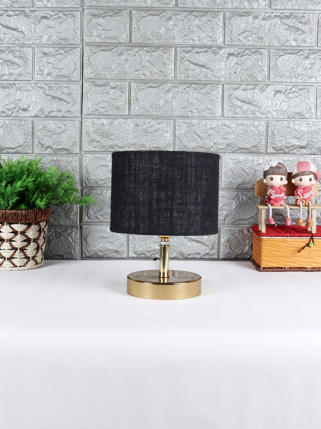 Ambika Home Black Jute Table Lamp with Gold Metal Base | Designer Bedside Lamp for Living Room, Bedroom, Hotel, Café & Restaurant