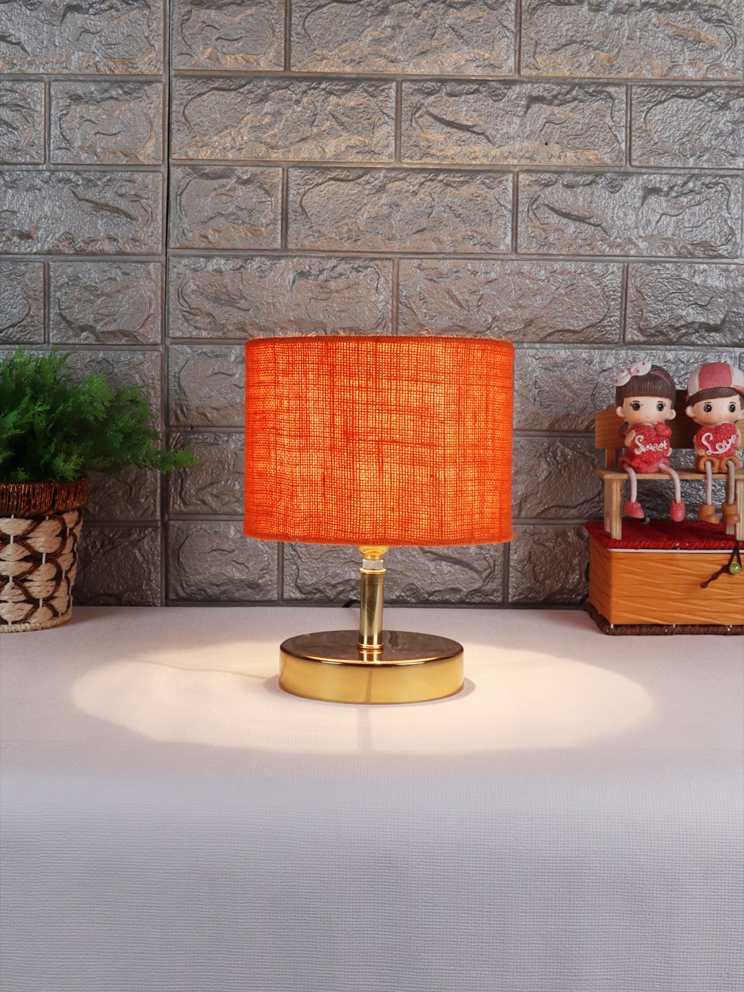 Ambika Home Orange Jute Table Lamp with Gold Metal Base | Designer Bedside Lamp for Living Room, Bedroom, Hotel, Café & Restaurant