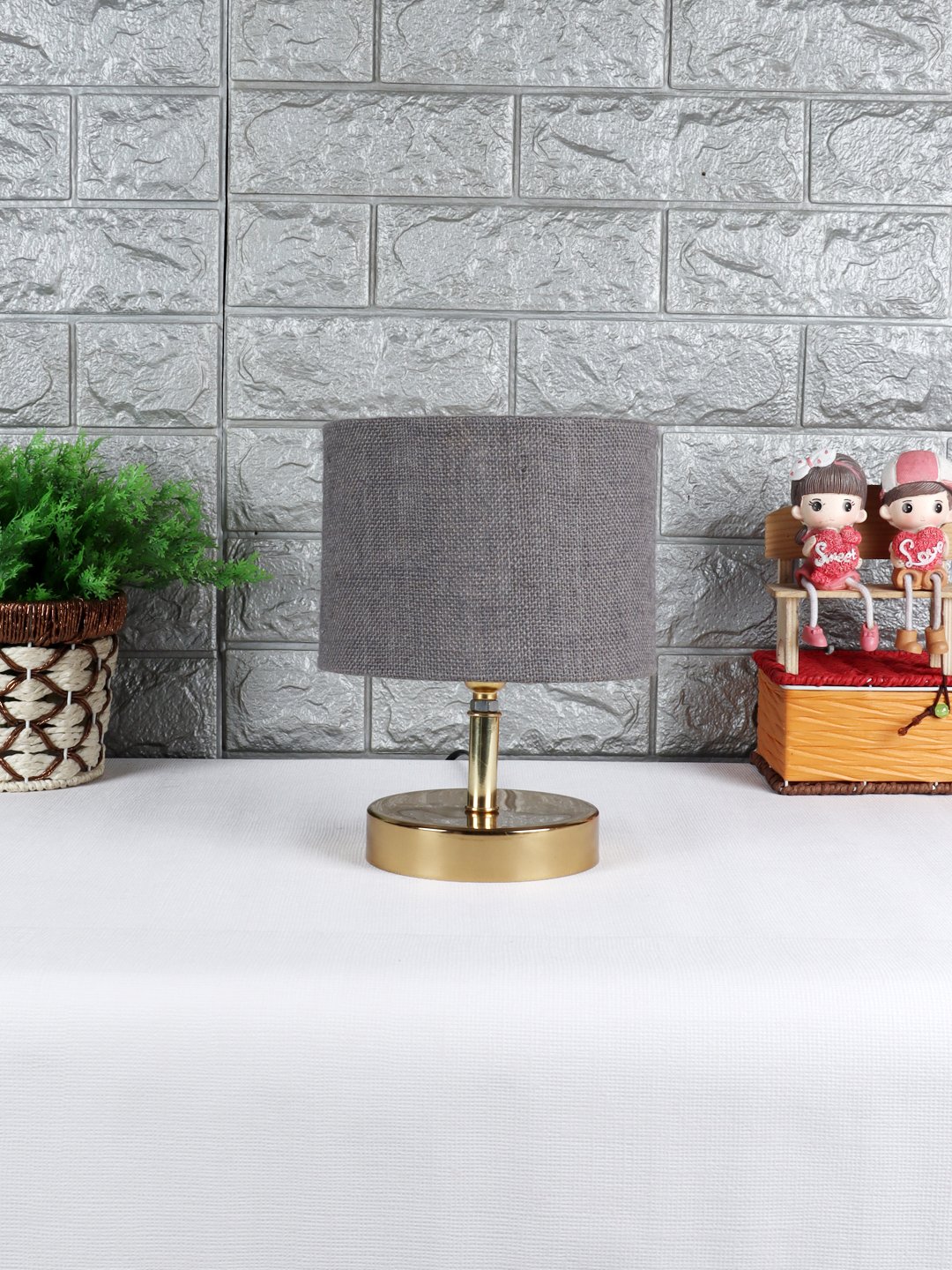 Ambika Home Grey Jute Table Lamp with Gold Metal Base | Designer Bedside Lamp for Living Room, Bedroom, Hotel, Café & Restaurant