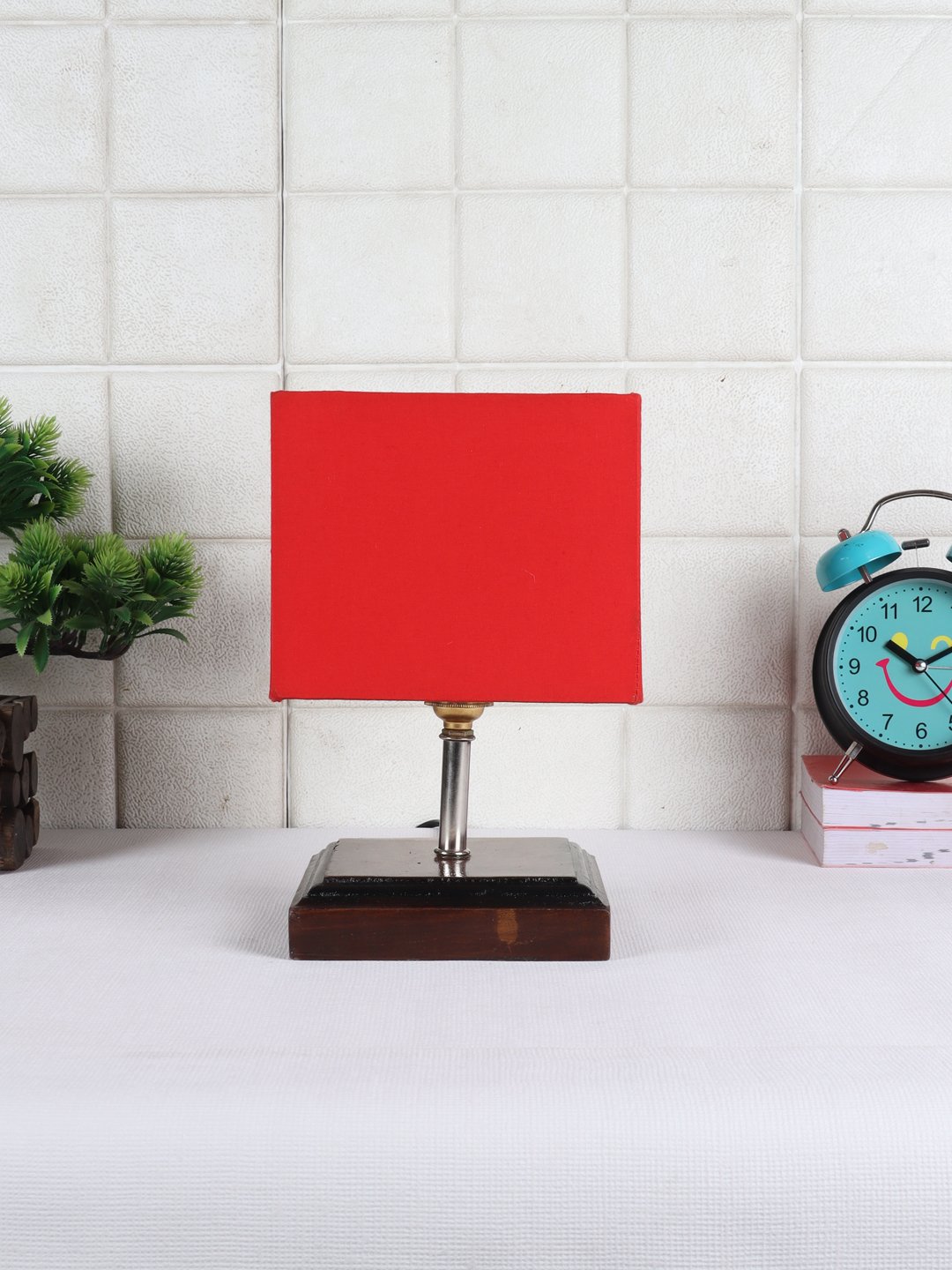 Ambika Home Red cotton Table Lamp with Brown Wood Base | Designer Bedside Lamp for Living Room, Bedroom, Hotel, Café & Restaurant
