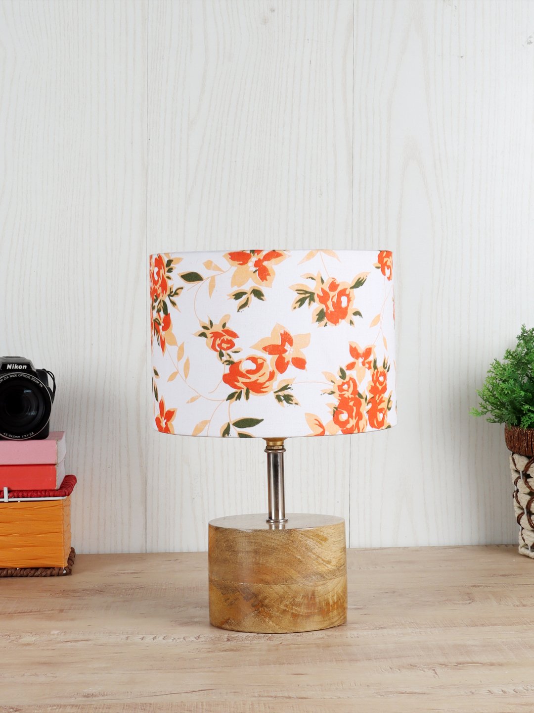 Ambika Home Multicolor cotton Table Lamp with Natural Wood Base | Designer Bedside Lamp for Living Room, Bedroom, Hotel, Café & Restaurant