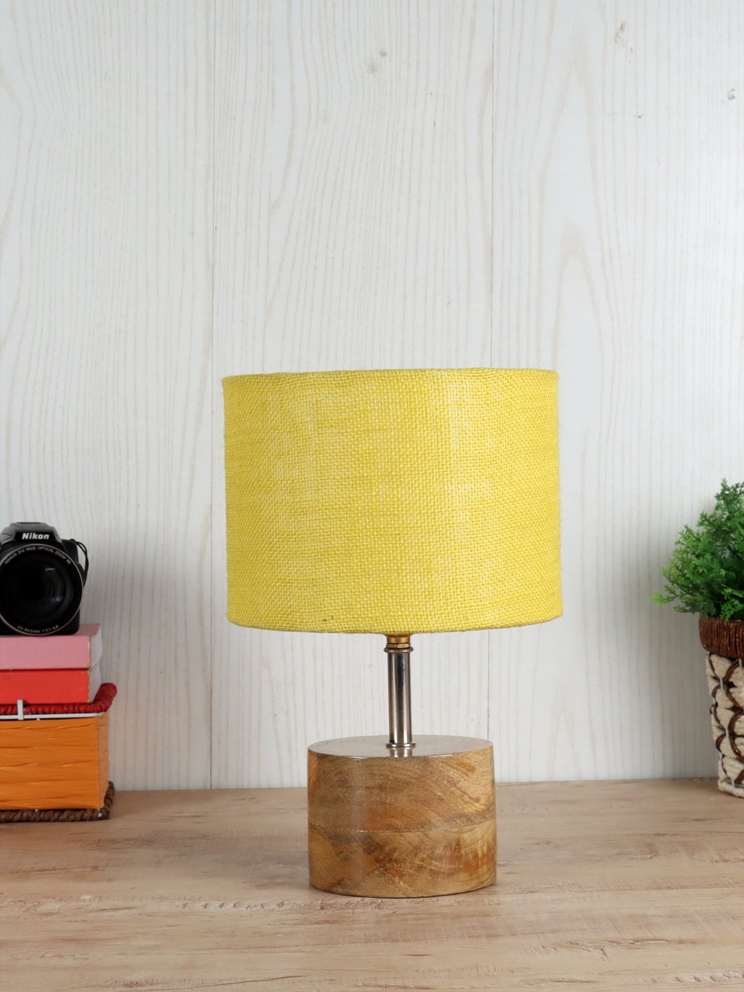 Ambika Home Yellow Jute Table Lamp with Natural Wood Base | Designer Bedside Lamp for Living Room, Bedroom, Hotel, Café & Restaurant